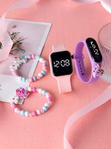 2入組不分男女卡通獨角獸裝飾數字led電子手錶和2入組獨角獸珠鏈裝飾手鍊,適合日常佩戴 - 彩色 - 查看 3