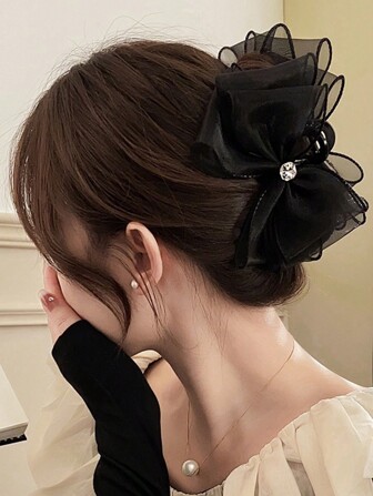 1pc High-End Princess Hair Clip With Black Mesh Bowknot, Chic Hair Claw And Bow, For Occasion Elegant Hair Clips Hair Jaw Clip Hair Clamps Hair Clutch Hair Catcher Clip, Claw Clip Fall Winter Hair Accessories For Women For Vacation Outfits Woman