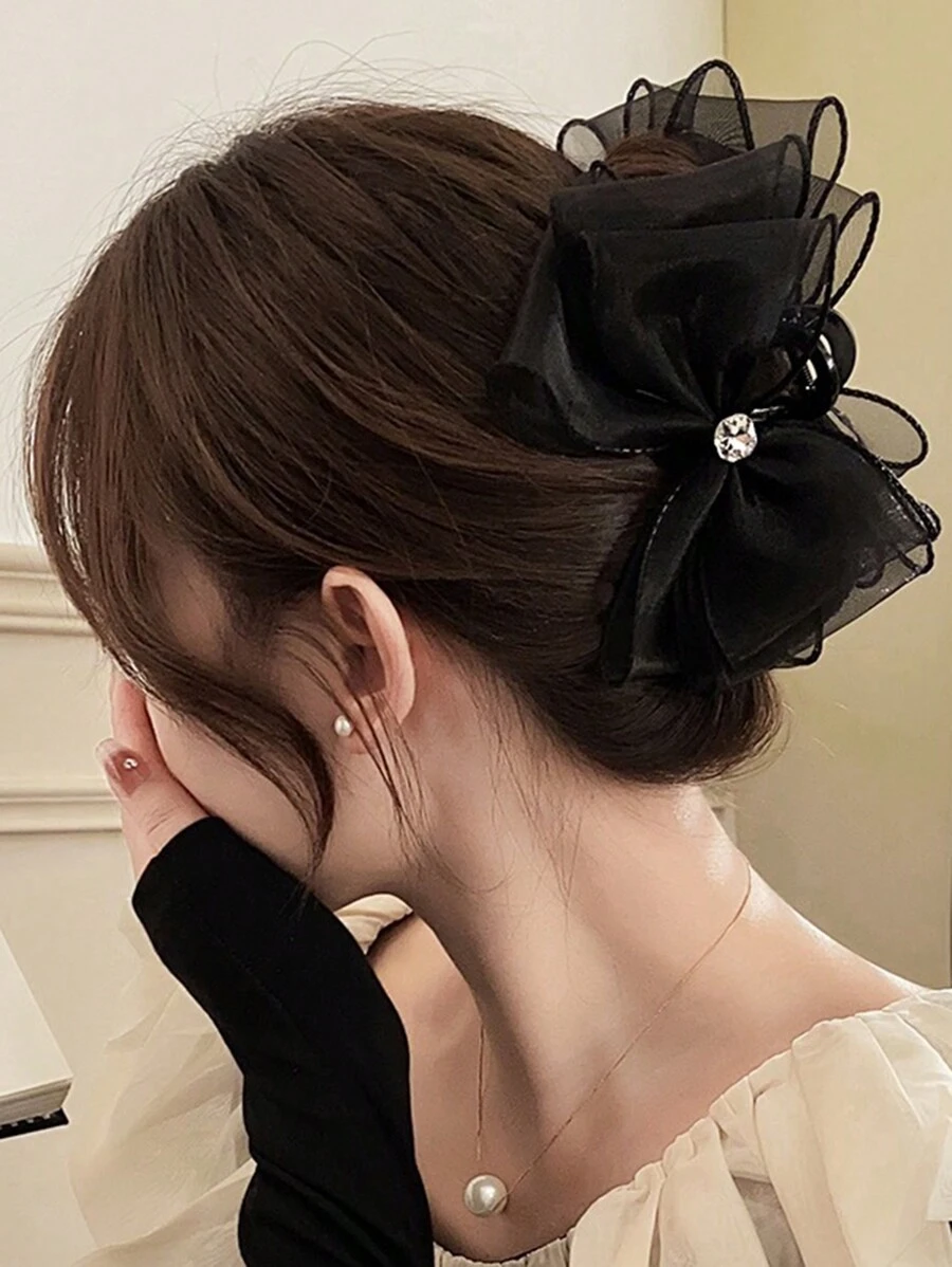 1pc High-End Princess Hair Clip With Black Mesh Bowknot, Chic Hair Claw And Bow, For Occasion Elegant Hair Clips Hair Jaw Clip Hair Clamps Hair Clutch Hair Catcher Clip, Claw Clip Fall Winter Hair Accessories For Women For Vacation Outfits Woman