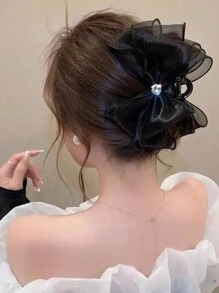 1pc High-End Princess Hair Clip With Black Mesh Bowknot, Chic Hair Claw And Bow, For Occasion Elegant Hair Clips Hair Jaw Clip Hair Clamps Hair Clutch Hair Catcher Clip, Claw Clip Fall Winter Hair Accessories For Women For Vacation Outfits Woman
