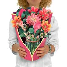 Sinsoledad 大丽花＆火鸟花纸制立体卡片,亲爱的大丽花,12英寸/30厘米真实大小的永生花束3d弹出贺卡,附带便笺和信封