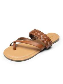 Women's Slide Sandals Flip Flops Slip On Leather Braided Casual Cross Band Thong Slide Beach Walking Vacation Summer Flat Sandals - 棕色 - 查看 2