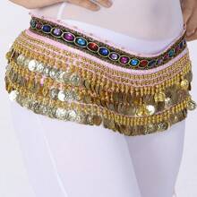 1pc Ladies' Belly Dance Waist Chain, Dance Costume Accessories, Three Layers Velvet Coin Belt, Hip Scarf, Festival And Performance Wear Boho Halloween Summer, School Fall, Autumn, Halloween - Multicolor - View 17