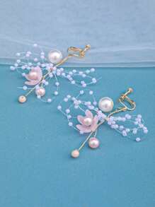 3pcs/Set Women's Elegant Faux Pearl & Flower Design Hairband, Earrings And Handmade Spring Headwear For Princess Dress, Travel, Party, Bridal Wedding Accessories Valentine's Day Valentines