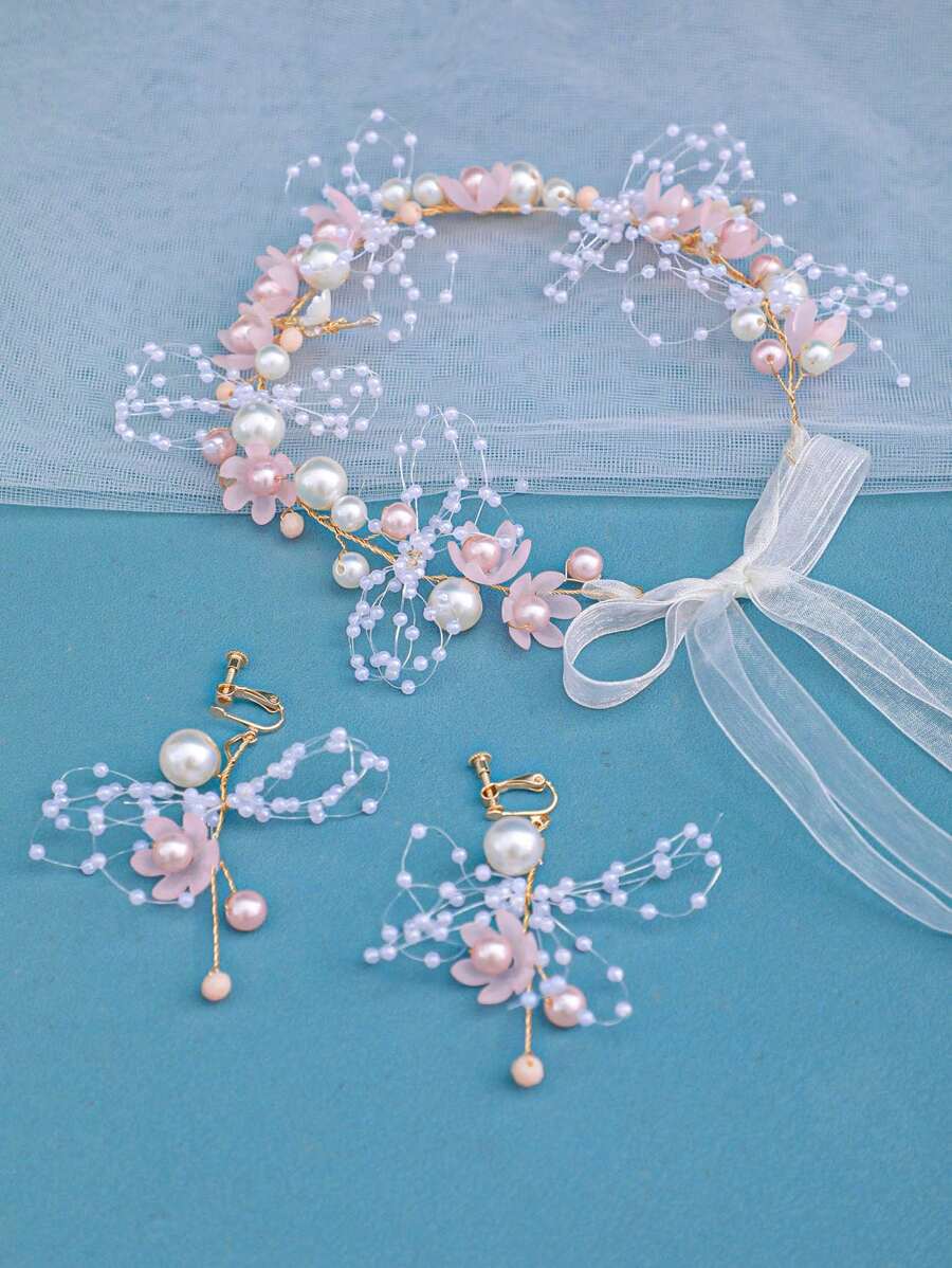 3pcs/Set Women's Elegant Faux Pearl & Flower Design Hairband, Earrings And Handmade Spring Headwear For Princess Dress, Travel, Party, Bridal Wedding Accessories Valentine's Day Valentines
