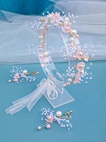 3pcs/Set Women's Elegant Faux Pearl & Flower Design Hairband, Earrings And Handmade Spring Headwear For Princess Dress, Travel, Party, Bridal Wedding Accessories Valentine's Day Valentines