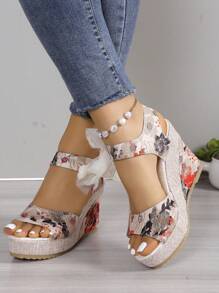 欧洲女式厚底坡跟凉鞋，带环绕式缎带，2024春夏新款户外休闲露趾一脚蹬拖鞋，性感造型鞋，彩色花朵装饰沙滩度假鞋，舒适露趾设计 - 紅色 - 查看 4