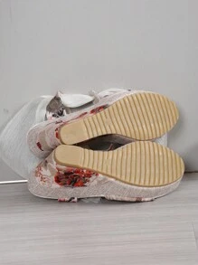 欧洲女式厚底坡跟凉鞋，带环绕式缎带，2024春夏新款户外休闲露趾一脚蹬拖鞋，性感造型鞋，彩色花朵装饰沙滩度假鞋，舒适露趾设计 - 紅色 - 查看 6