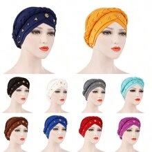 European And American Style Milk Silk Solid Color Studded Braid Bandana Headscarf Cap For Spring And Autumn