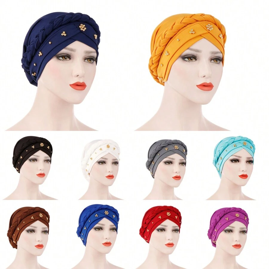 European And American Style Milk Silk Solid Color Studded Braid Bandana Headscarf Cap For Spring And Autumn