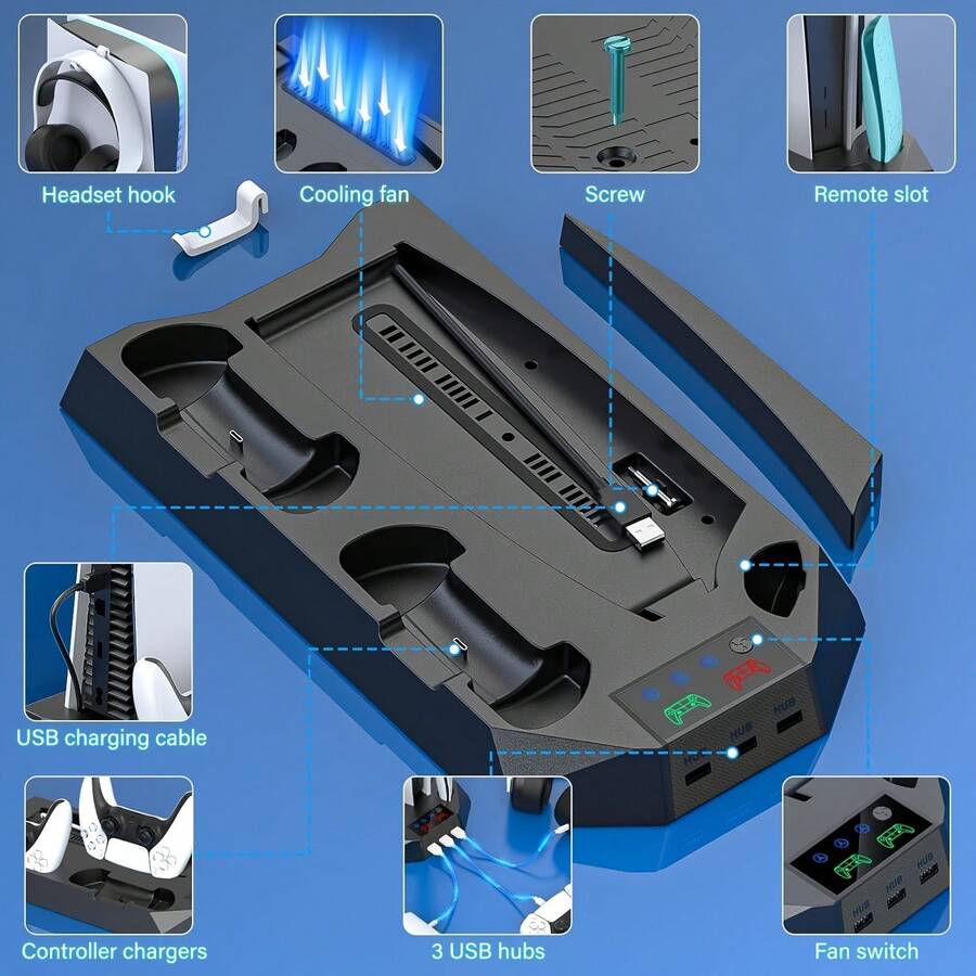 OUBANG OUABANG PS5 Stand And Cooling Station With Dual Controller Charging Station For Playstation 5 Console, PS5 Accessories Incl. Controller Charger, Cooling Fan, Headset Holder, 3 USB Hub, Media Slot, Screw White - Black - View 1