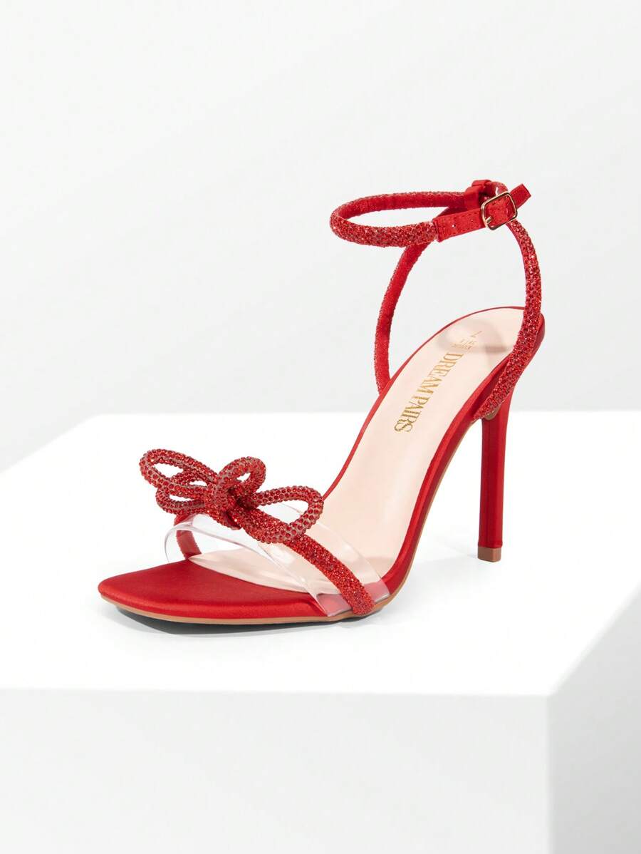 Giày cao gót đính đá pha lê nơ cho nữ thời trang mũi vuông đính đá Rhinestone quai mắt cá chân cho phong cách ngọt ngào, sành điệu, dự tiệc cưới, vũ hội, ngày lễ tình nhân - Đỏ - Xem 1