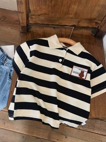 Young Boy Summer Striped Turn-Down Collar Short Sleeve Shirt