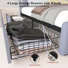 Benevika Bed Frame With Adjustable Headboard, Upholstered Platform Bed With 4 Stoarge Drawers And LED Lights, Luxurious Velvet, 60,000 Color, App Or Remote Control, Easy Assembly - Xám - Xem 5