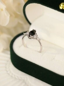 1peça Anel elegante prata esterlina 925 preto oval strass prata para mulheres para festa de formatura banquete
