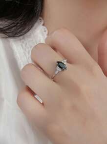 1peça Anel elegante prata esterlina 925 preto oval strass prata para mulheres para festa de formatura banquete