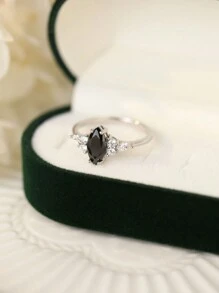 1peça Anel elegante prata esterlina 925 preto oval strass prata para mulheres para festa de formatura banquete
