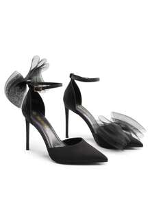 Women High Heels Strappy Closed Toe Stiletto Pointed Toe Mesh Bows Ankle Strap D'Orsay Prom Wedding Party Pumps Shoes Valentines - 黑色 - 查看 2