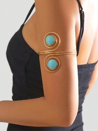 1pc Plating Edge & Turquoise Decor Bangle Bracelet, Adjustable, Simple Stylish Accessory Suitable For Both Men And Women