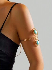 1pc Gold Metal Arm Cuff Bracelet With Resin Turquoise Inlay, Adjustable Minimalist Fashion Unique Niche Style For Men And Women - Turquoise - View 3
