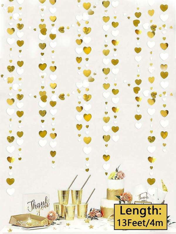 1/2cs 13Feet Hangende Hart Streamer Banner, Witte En Gouden Hartvormige Garland, Hart Hangende Wimpel Banner Achtergrond Voor Jubileum Vrijgezellenfeest Valentijnsdag Moederdag Vaderdag Verloving Bruiloft Bruidsdouche Verjaardagsfeest Decoratie Douche Verjaardag Kerstfeest Decoratie, Kerstmis
