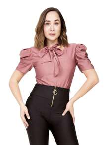 Body Suit Satinado Top Body Strech Manga Corta Cuello Redondo con Cintas Decorativas - Rosa - Ver 4