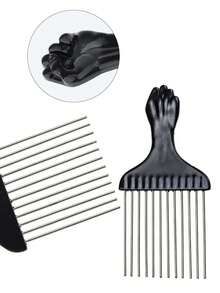 1pc Professional Wide Teeth Fist Shape Black Handle Afro Pick Hair Comb Metal Salon Comb Insert Comb Fork Comb Stainless Steel Needle  Man's Comb Man's Style Pick Comb Haird Hair Brush - Black - View 8