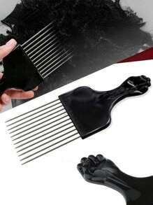 1pc Professional Wide Teeth Fist Shape Black Handle Afro Pick Hair Comb Metal Salon Comb Insert Comb Fork Comb Stainless Steel Needle  Man's Comb Man's Style Pick Comb Haird Hair Brush - Black - View 1