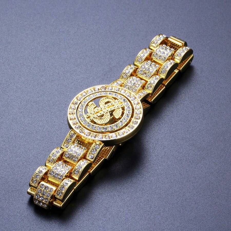 1入時尚圓形錢輪設計鑲滿鑽石的手鐲,男女通用款式,適合日常佩戴,帶來財富的好運 - 金色 - 查看 1