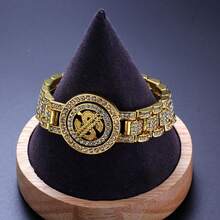 1入時尚圓形錢輪設計鑲滿鑽石的手鐲,男女通用款式,適合日常佩戴,帶來財富的好運 - 金色 - 查看 4