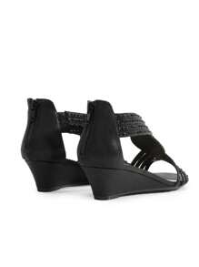 Women's Wedge Sandals Open Toe Rhinestone Fashion Comfortable For Party Wedding Dress Summer Shoes - 黑色 - 查看 10