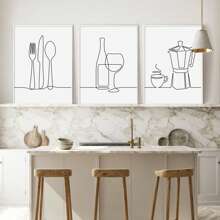 Conjunto De 3 Arte De Pared De Cocina, Pinturas De Lienzo De Dibujo De Línea De Cocina, Regalo De Inauguración, Arte De Pared De Comida Y Bebida, Decoración Del Hogar Del Comedor, Decoración De La Cocina, Sin Marco 15.7x23.6 Pulgadas