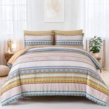 7pcs Bohemian Comforter Set Bed In A Bag Queen Size Boho Striped Colorful Reversible Bedding Set Decor For All Season (1 Comforter 1 Flat Sheet 1 Fitted Sheet 2 Pillow Shams 2 Pillowcases ) - Yellow - View 1