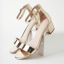 Women Low Heel Chunky Ankle Strap Pump Sandals – Open Peep Toe Minimalist Faux PU & Suede Heeled Sandals With Memory Foam Comfort For Wedding, Party, Prom, Casual & Formal Wear