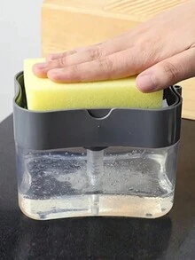1pc Kitchen Cleaning Liquid Dispenser With Press Button And Sponge, Plastic Material - Black - View 3
