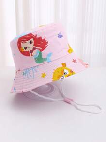1pc Princess Pink Children's Bucket Hat With Cartoon Mermaid Pattern, Suitable For Toddler Girls For Outdoor Activities, Beach, Sun Protection - Pink - View 7