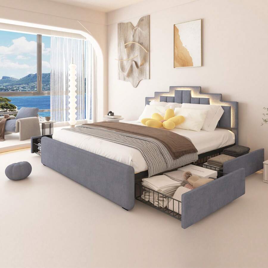 Benevika Bed Frame With Adjustable Headboard, Upholstered Platform Bed With 4 Stoarge Drawers And LED Lights, Luxurious Velvet, 60,000 Color, App Or Remote Control, Easy Assembly - Xám - Xem 1