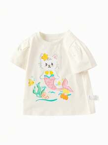 Balabala Young Girl Tops Summer Cute Mermaid Kitten Printed Pure Cotton Crewneck Short Sleeve T-Shirt White - White - View 5