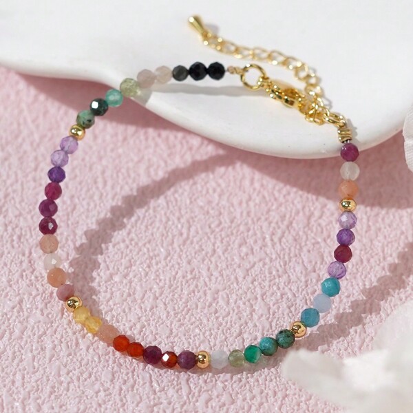 1 pieza Pulsera de estilo bohemio chapada en oro de 18k con cuentas de gemas multicolor para mujer, hermoso regalo de joyería, apropiado para uso diario, regalo para parejas/mejores amigos
