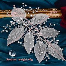 1pc Bridal Hair Accessory Handmade Fashionable Leaf Shaped Rhinestone Hair Clip, Wedding Dress Accessory Set - Silver - View 2