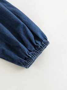 MARC&JANIE 春季少女甜美刺绣彼得潘领长袖牛仔连衣裙 - 深色水洗藍 - 查看 9