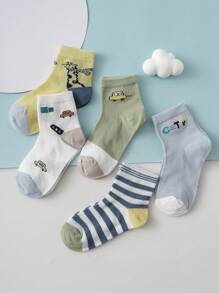 5雙可愛的長頸鹿、汽車、字母、條紋或紅綠燈設計中筒網眼襪,適用於時尚和日常穿著 - 彩色 - 查看 2