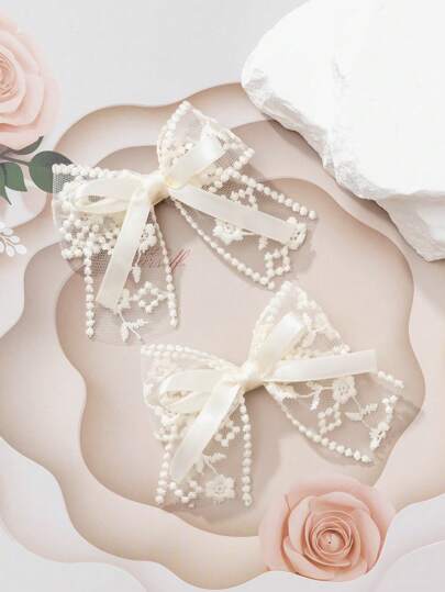 2 Pieces Delicate Lace Bow Hair Clips For Teen