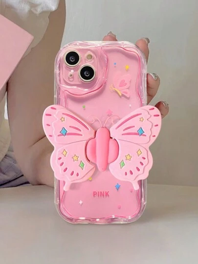 Pink Summer Pink Butterfly Bracket New Arrival Premium Groove Texture Skin Feeling Thickened Anti-Fall Phone Case Cover Comptible With IPhone 15 Promax 13 14 11 12, Samsung A50 A12 A32 A52 A72 A51 A21s A13 A14s22 Ultra S23 A33 A53 S20fe, Xiaomi Redmi 11 Youth 12 Pro 12/12x Note 11 9a 9c Polox3nfc Redmi 10 Redmi 9 Note 9 12c Note 11 Pro Redmi 10c Note 8 Pro Phone Case Cover