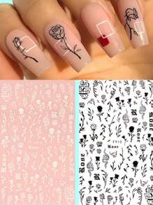 2 件 3D 黑色复古玫瑰指甲贴纸花朵图腾蛇图案多色按压指甲字母粘性指甲贴纸 DIY 经典时尚简约美甲用品女士女孩美甲装饰 - 黑色 - 查看 1
