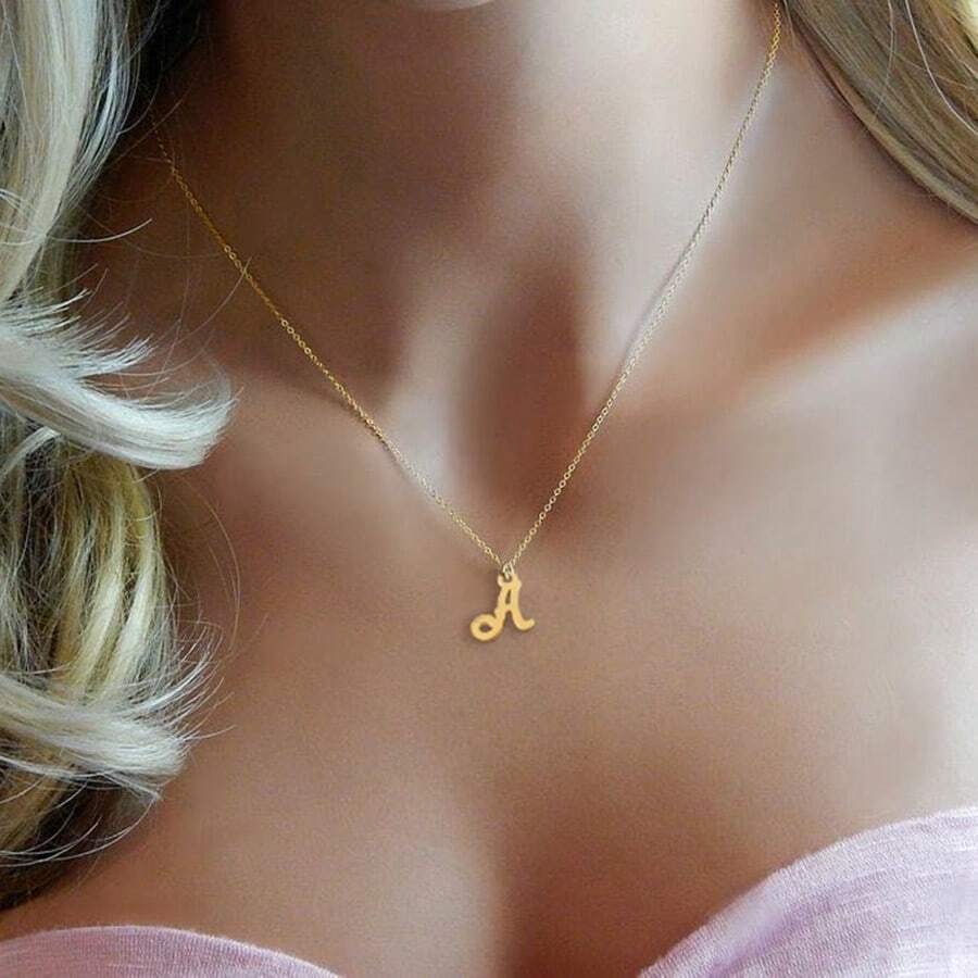 1入新款時尚不鏽鋼首字母吊墜項鍊女士 - 金黃色 - 查看 1