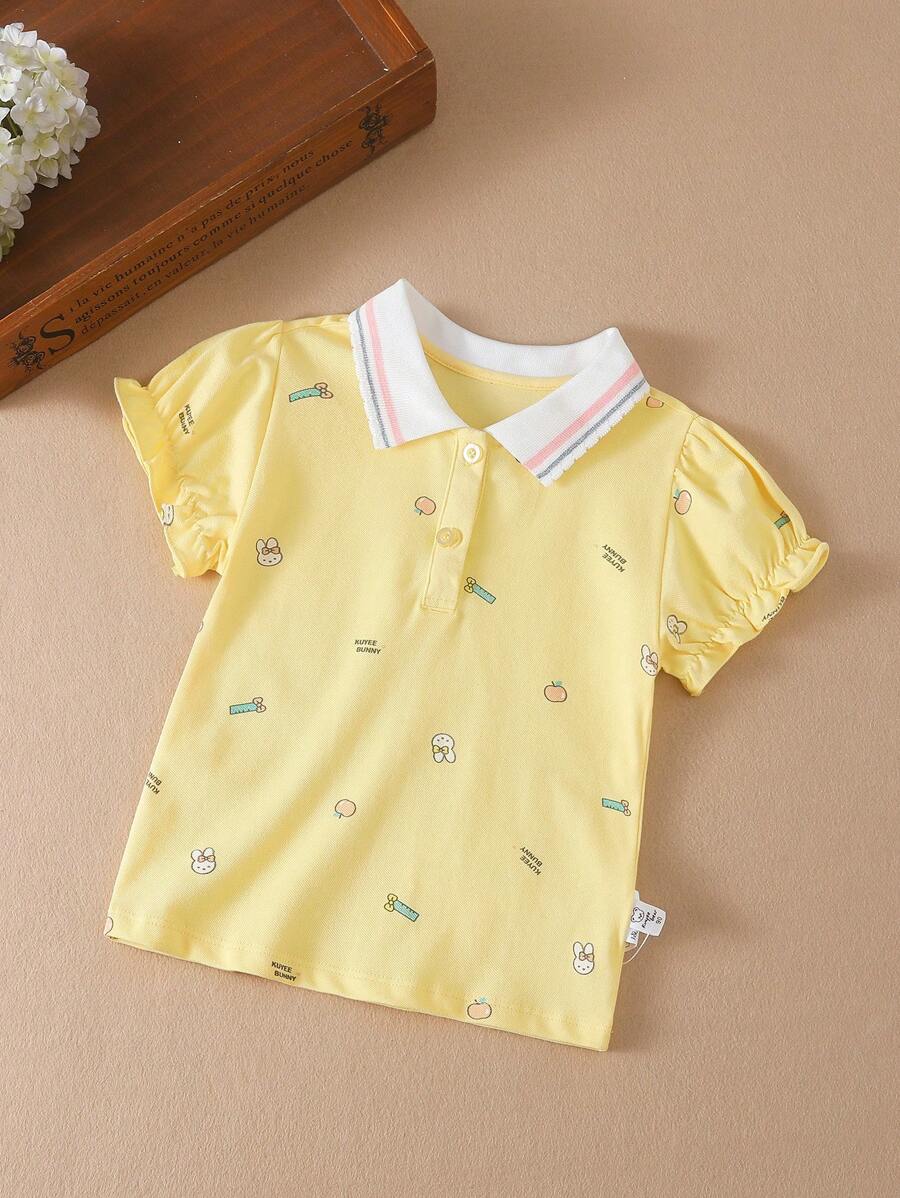 Young Girl Lapel College Style Cute Cartoon Print T-Shirt Summer - Yellow - View 1