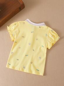 Young Girl Lapel College Style Cute Cartoon Print T-Shirt Summer - Yellow - View 2