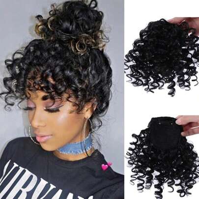 شعر مستعار بانج الكيرلي الاصطناعي مقاوم للحرارة للنساء، لونه أسود يمتد على الجبهة باروكة