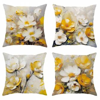 4PCS Daisy Floral Botanical Mustard Yellow Gray Polyester Throw Pillow Covers, Natural Oil Painting Rustic Style Pillow Covers, Decorative Cushion Covers 45*45Cm/18 "X18" For Living Room Bedroom Sofa Bed Decoration